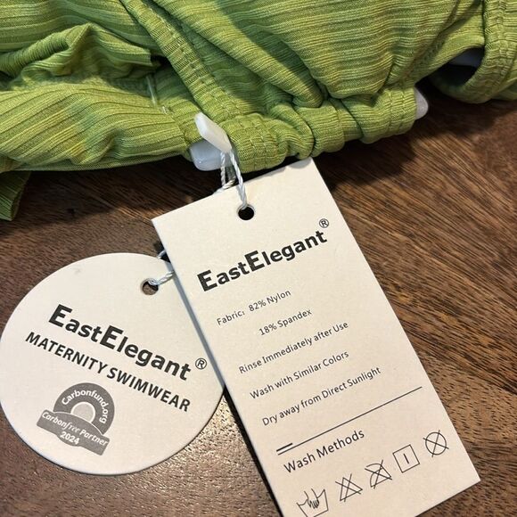 EastElegant Maternity Ruffle Ribbed One Piece Square Ring Linked Suit Green - Picture 7 of 7